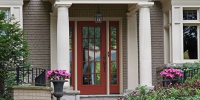 Red front door with windows